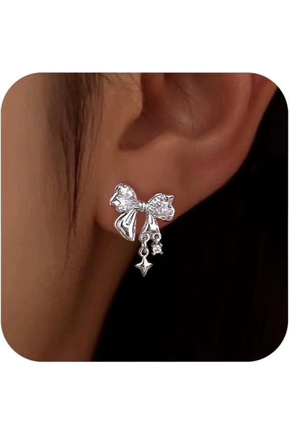 Bow Earrings for Women 925 Sterling Silver Rhinestone Bow Earrings Cute CZ Bow Knot Stud Earrings Dainty Ribbon Star Dangle Earrings Jewelry Birthday Wedding Prom Gifts for Mom
