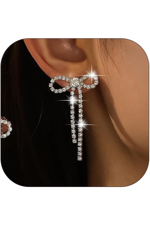 Bow Earrings for Women Gifts for Christmas Gold Rhinestone Earrings Dangle Trendy Silver Prom Earrings Long Tassel Cubic Zirconia Jewelry for Wedding Bridal