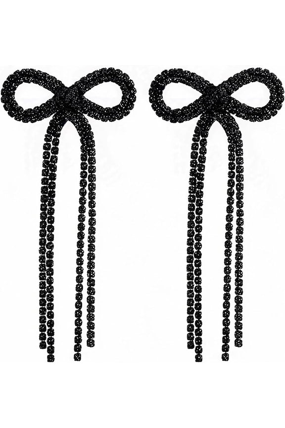 Bow Earrings for Women Rhinestone Long Tassel Earrings Ribbon Bow Drop Earring Silver Stainless Steel Dangle Earrings Cute Sparkly accessories
