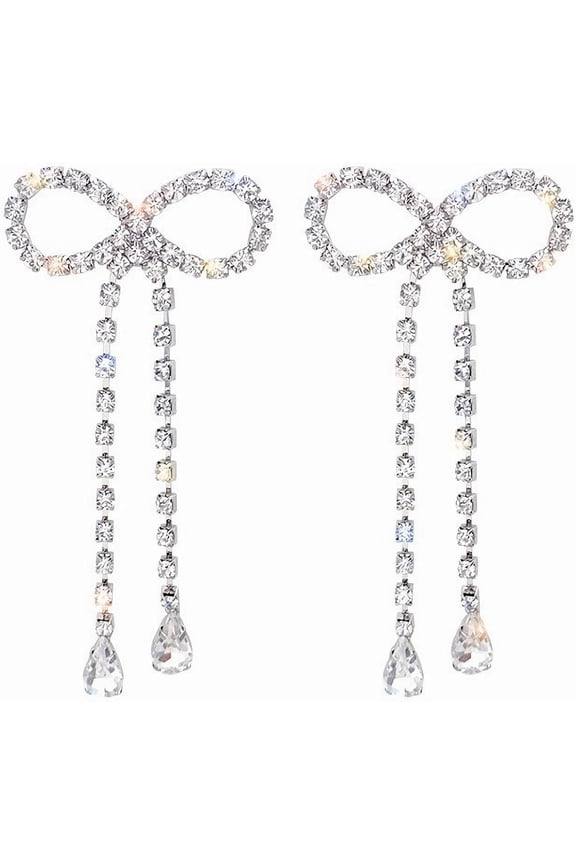 Bow Earrings for Women Rhinestone Long Tassel Earrings Ribbon Bow Drop Earring Silver Stainless Steel Dangle Earrings Cute Sparkly accessories