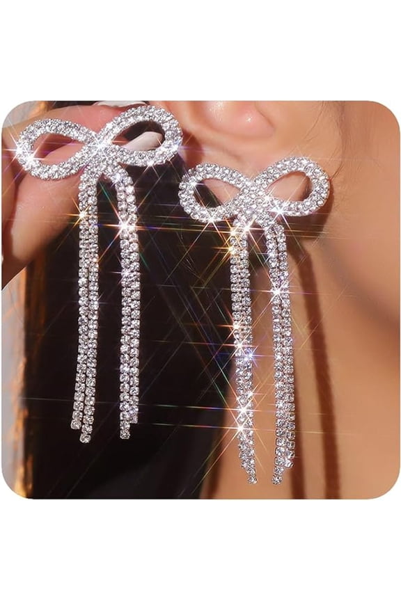 Bow Earrings for Women Rhinestone Long Tassel Earrings Sparkly Crystal Dangle Earrings Bridal Silver BowJewelry Gifts