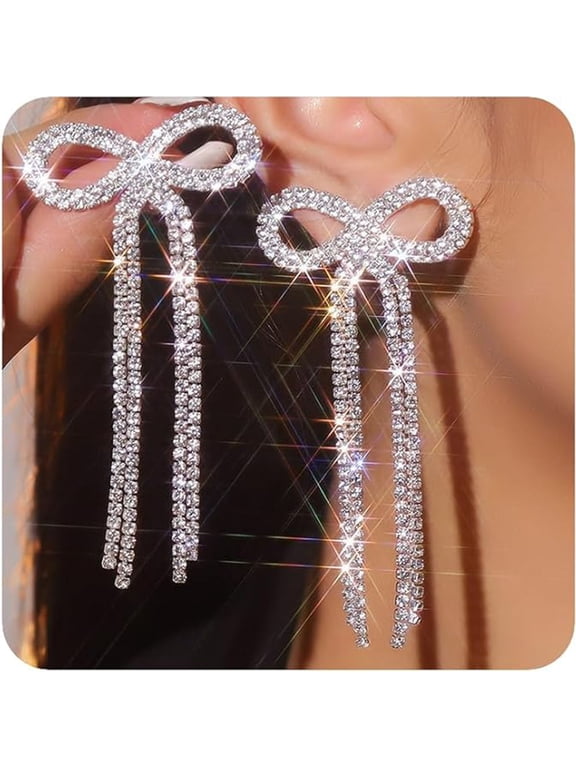 Bow Earrings for Women Rhinestone Long Tassel Earrings Sparkly Crystal Dangle Earrings Bridal Silver BowJewelry Gifts