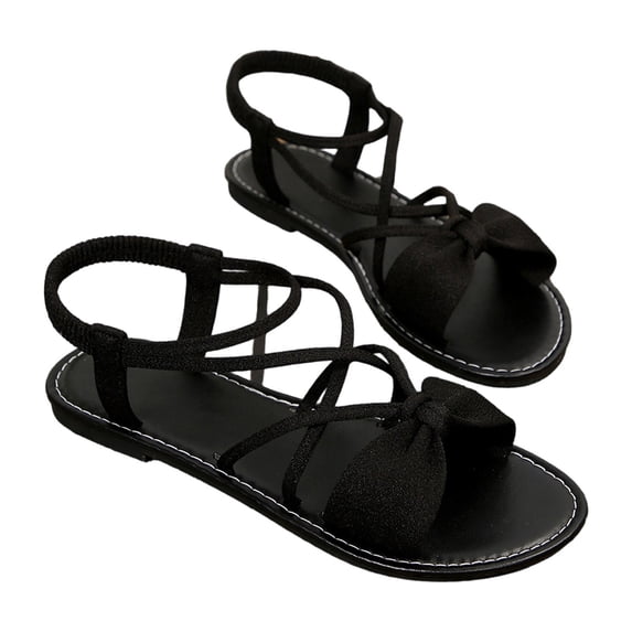 Bow Elastic Strap Flat Sandals Flock Soft Flexible Non Open Toe Light Beach Daily Shoes