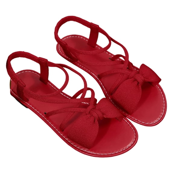 Bow Elastic Strap Flat Sandals Flock Soft Flexible Non Open Toe Light Beach Daily Shoes