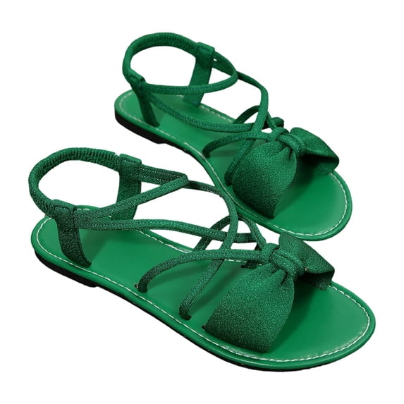 Bow Elastic Strap Flat Sandals Flock Soft Flexible Non Open Toe Light Beach Daily Shoes