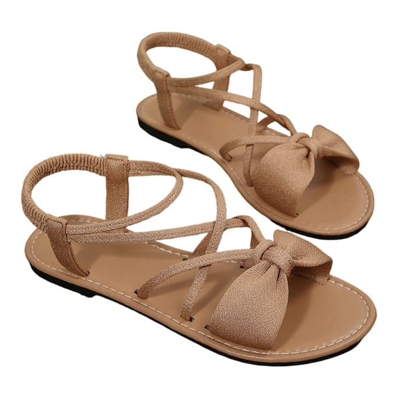 Bow Elastic Strap Flat Sandals Flock Soft Flexible Non Open Toe Light Beach Daily Shoes