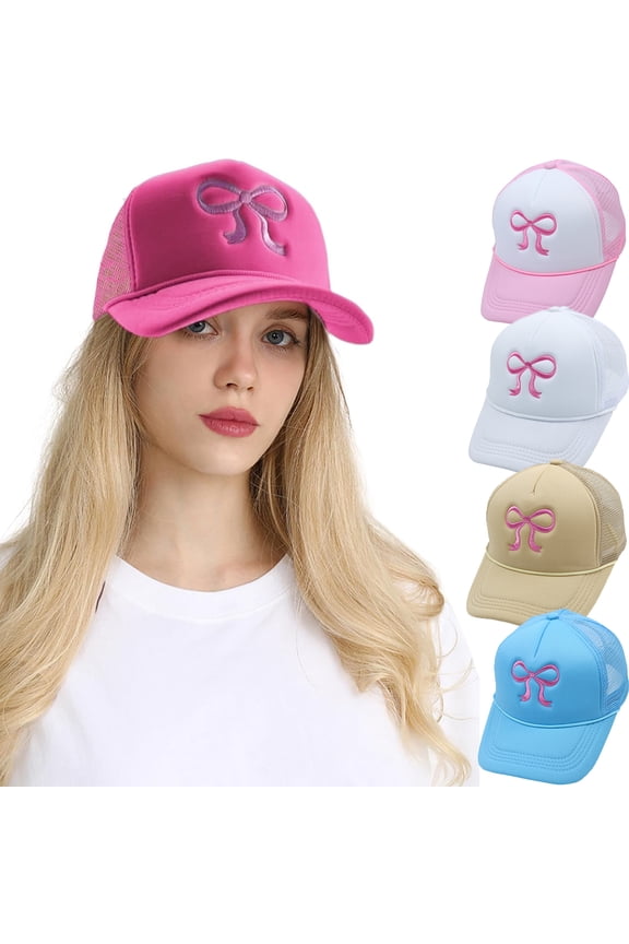 Bow Embroidered Trucker Hat for Women Trendy Mesh Baseball Cap Adjustable Snapback Cap Summer Girls Hat