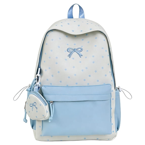 Bow Embroidery School Backpack, Star Print Backpack with Mini Pendant Bag, Lightweight Loptop Backpack for Travel Shopping (Blue)