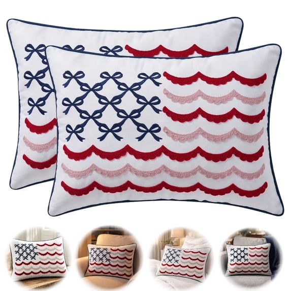 Bow Flag 4th of July Decorative Pillow, Red White and Blue Patriotic Pillows, 19.5" X 14" USA Throw Pillows for Couch, Living Room, Bed, Outdoor