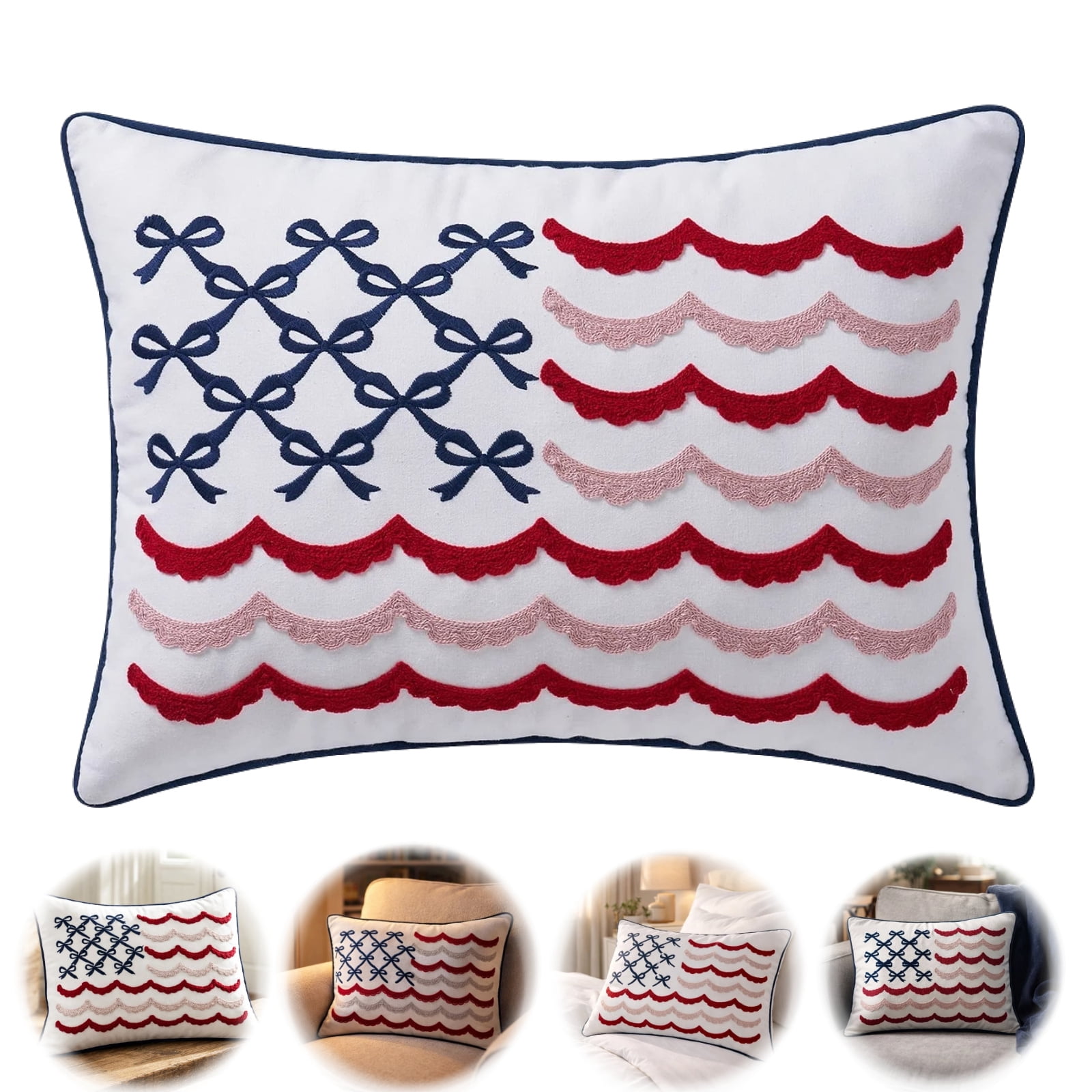 Bow Flag 4th of July Decorative Pillow, Red White and Blue Patriotic Pillows, 19.5" X 14" USA Throw Pillows for Couch, Living Room, Bed, Outdoor