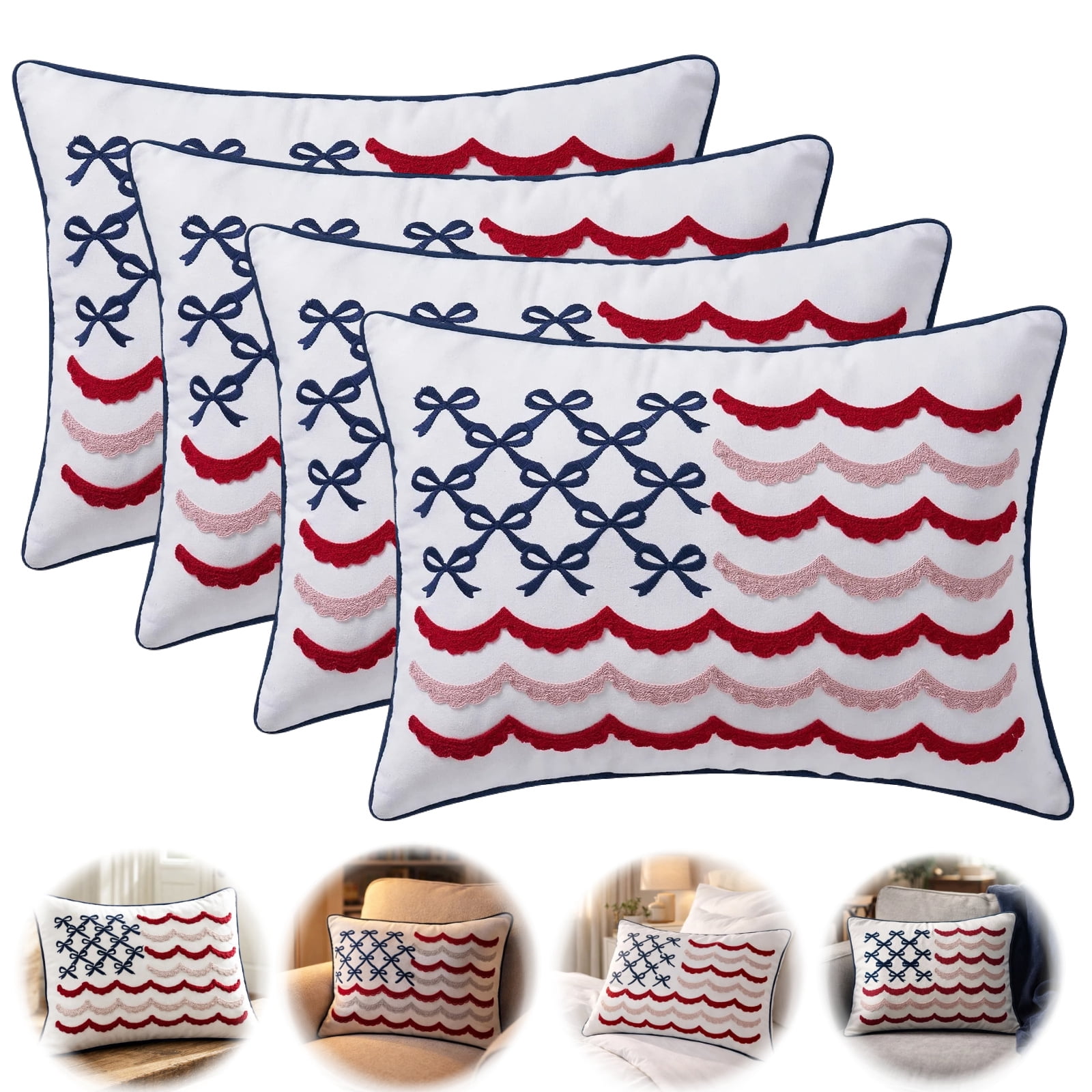 Bow Flag 4th of July Decorative Pillow, Red White and Blue Patriotic Pillows, 19.5" X 14" USA Throw Pillows for Couch, Living Room, Bed, Outdoor