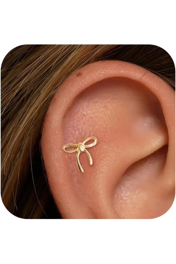 Bow Flat Back Earrings for Women Ribbon Flatback Stud Earrings Hypoallergenic Compact Bowknot Earring Screw Back Stud Earrings Tragus Cartilage Helix Piercing Jewelry for Sensitive Ears[b892]