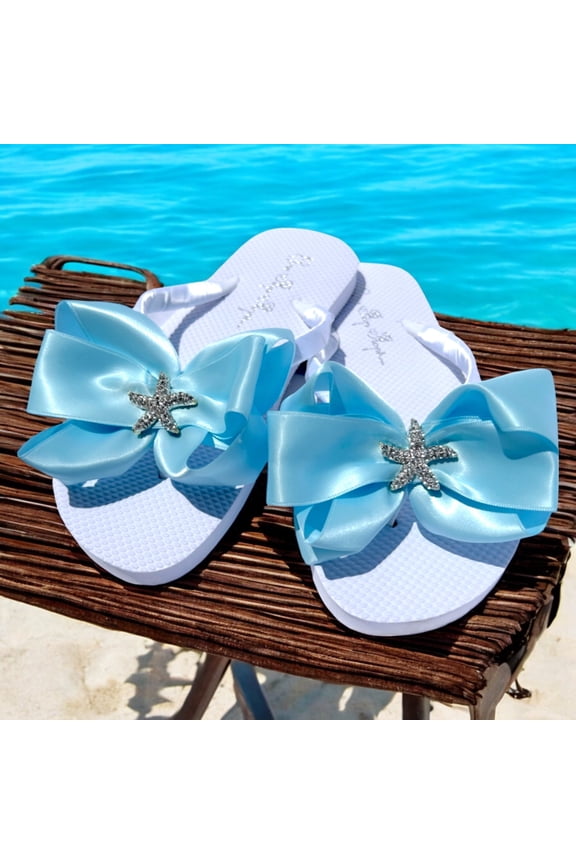 Sandals with Light Blue Satin Bows, Flat Heel Open Toe, Women's Size 5