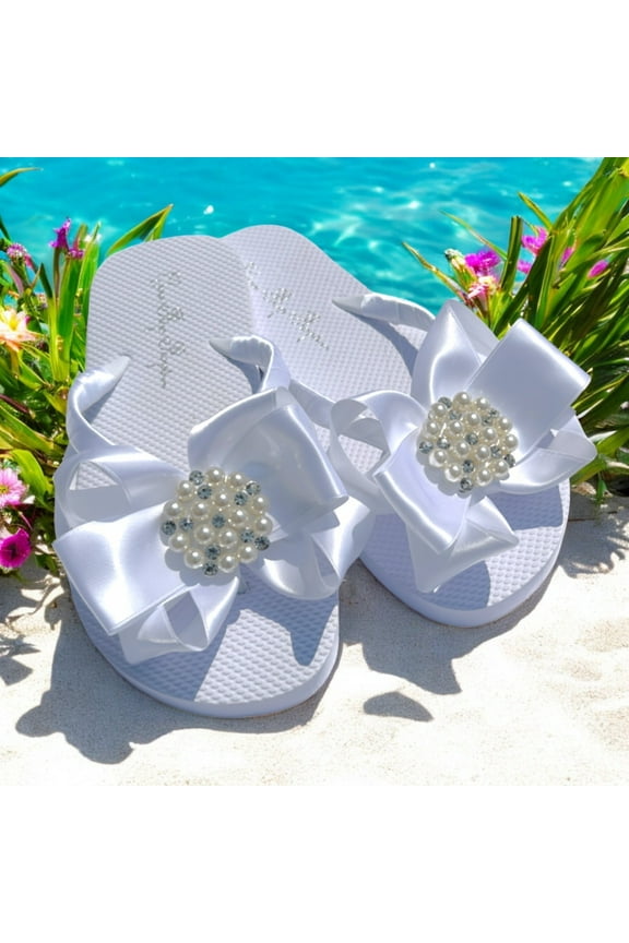 Women's Sandals with Pearl & Rhinestone Embellishment, Flat Heel Open Toe, Size 5, White