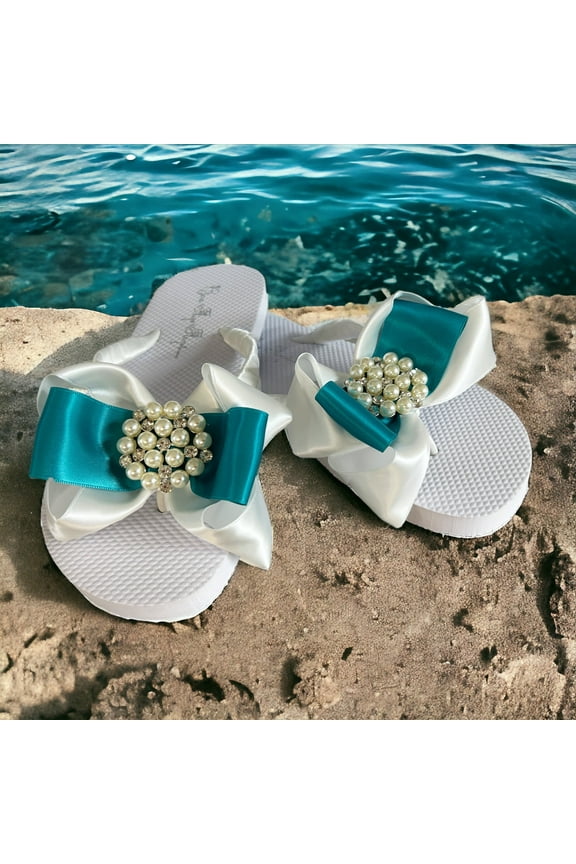 Women's Sandals with Pearl & Rhinestone Embellishment, Flat Heel, Open Toe, White & Turquoise Blue, Size 5