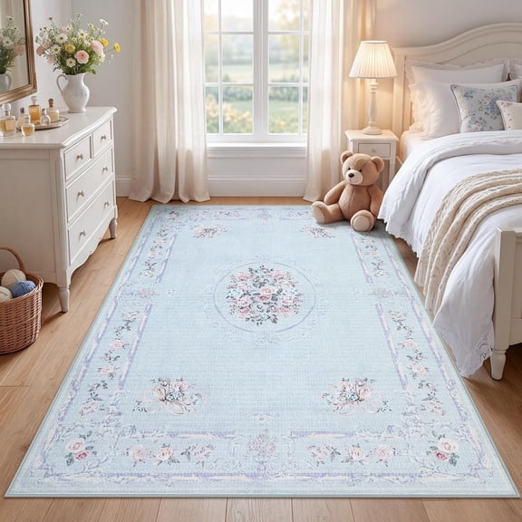 Bow Floral 5x7 Blue Area Rugs for Living Room, Bow Soft Washable Rugs for Bedroom Nursery, Non-Slip Low Pile Boho Rose Medallion Dining Room Carpet for Dorm Playroom, Blue/5x7