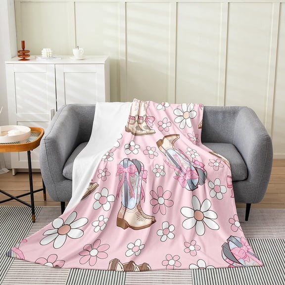 Bow Floral Plush Blanket, 40"x50" Users Western Boots Flannel Fleece Blanket for men Teens Cute Bow All Season,Bed Blanket Bowknot Vintage