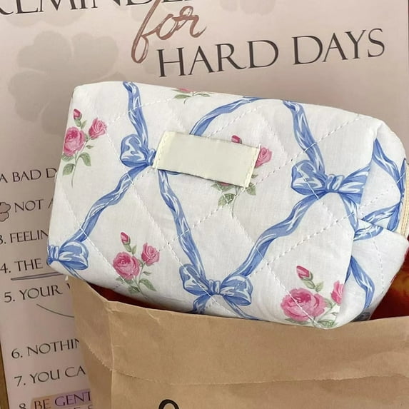 Bow Flower Cosmetic Bag Retro Style Quilted Soft Washable Makeup Storage Pouch for Women Girls Travel Organizer