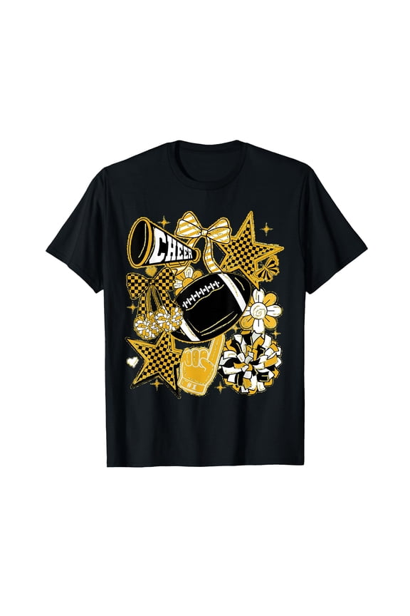 Bow Football Gold Black Game Cheer Mom Touchdown T-Shirt