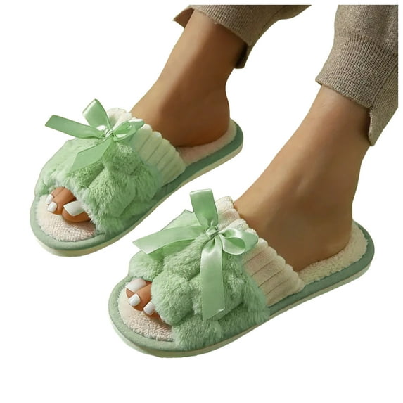 Bow Fuzzy Slippers for Women Bridal Wedding Bowknot Open Toe Memory Foam House Shoes Indoor Bride Bedroom Slip-On