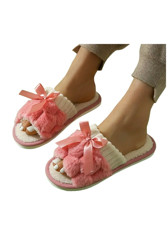 Bow Fuzzy Slippers for Women Bridal Wedding Bowknot Open Toe Memory Foam House Shoes Indoor Bride Bedroom Slip-On