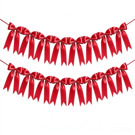 Bow Garland 2 Strings of 16Pcs Banner Red Pre-Strung Satin Ribbon for ...