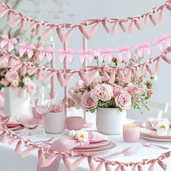 Bow Garland Banner 2 Pcs Pink Bow Decor Strings Ribbon Bow Party Decorations for Baby Shower Strings Valentines Bow Engagement Engagement