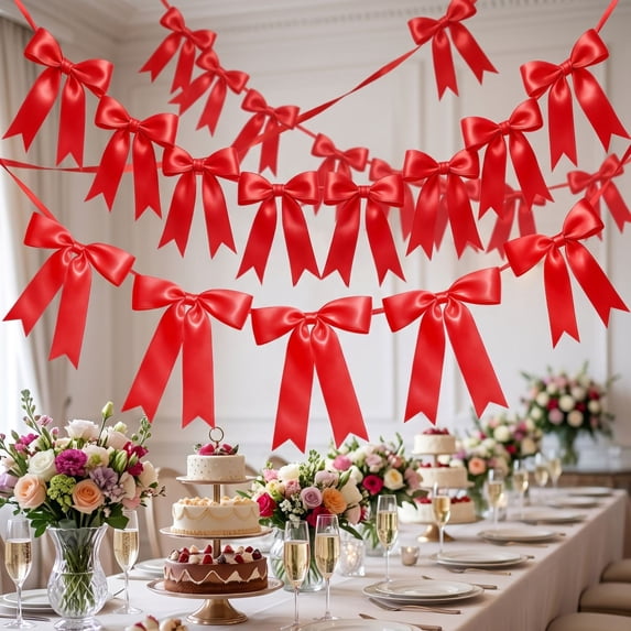 Bow Garland Decor, for Coquette Party Decorations,Supplies Bows Hanging Banner Garlands, Satin Ribbon Garland Bow Banner for Valentine Bridal Shower Bachelorette Wedding Birthday Engagement