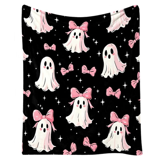 Bow Ghost Halloween Throw Blanket for Couch, Soft Flannel Warm Cozy Decor Cover, Washable Blanket for Bedroom.