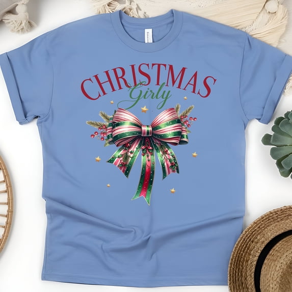 Bow Graphic T-Shirt | Cute Festive Tee for Women Girls Kids, CarolinaBlue, Size S
