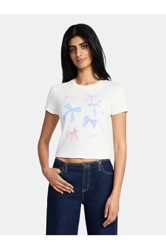 Bow Grid Watercolor Women's Graphic Baby Tee with Short Sleeves, Sizes XXS-XXL