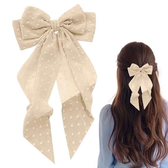 Bow Hair Clip – Long Ribbon Hair Bow, Elegant Spring Top Clip, Women’s Back-of-Head Ribbon Clip, Daily Styling Accessory for Women, Soft Neutral Ivory, Holiday & Christmas Outfit Hair Accessory