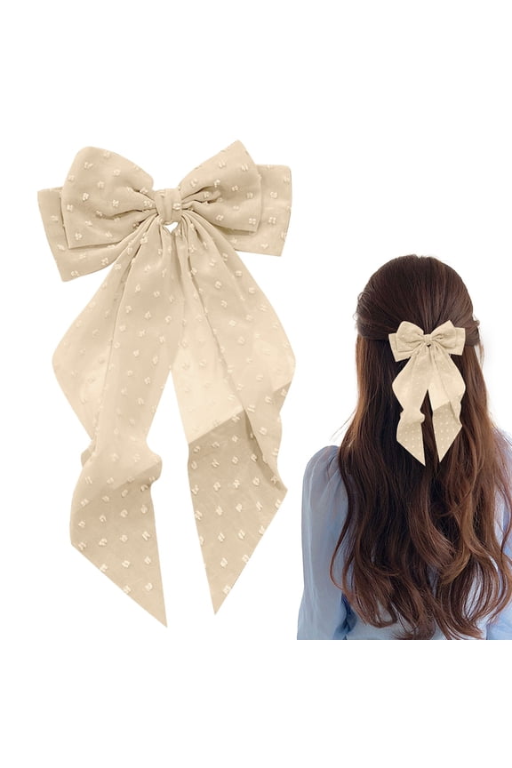 Bow Hair Clip – Long Ribbon Hair Bow, Elegant Spring Top Clip, Women’s Back-of-Head Ribbon Clip, Daily Styling Accessory for Women, Soft Neutral Ivory, Holiday & Christmas Outfit Hair Accessory