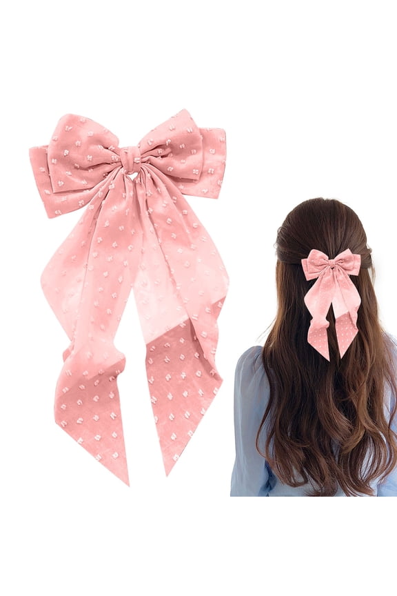 Bow Hair Clip – Long Ribbon Hair Bow, Elegant Spring Top Clip, Women’s Back-of-Head Ribbon Clip, Daily Styling Accessory for Women, Soft Neutral Pink, Holiday & Christmas Outfit Hair Accessory