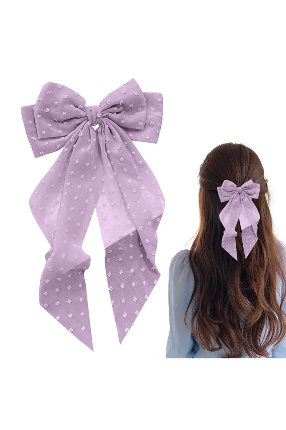 Bow Hair Clip – Long Ribbon Hair Bow, Elegant Spring Top Clip, Women’s Back-of-Head Ribbon Clip, Daily Styling Accessory for Women, Soft Neutral Purple, Holiday & Christmas Outfit Hair Accessory