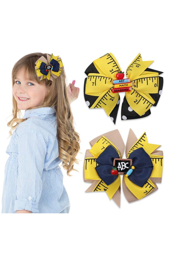Bow Hair Clips Cute Hair Accessories for Girls Back to School Hair Bows Ruler Pencil Design Handmade Non-Slip Clips Yellow Bows Hair Decorations 2Pcs