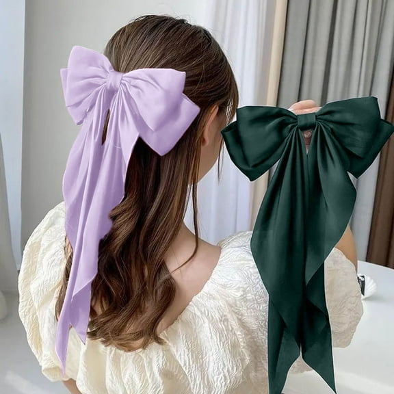 Bow Hair Clips for Girls Large Bowknot Hair Clip Silky Satin Long Ribbon Bows Hair Barrettes (Purple One Size)