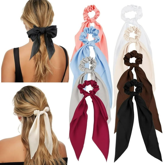 Bow Hair Scrunchies Detachable Silky Satin Hair Ties with Long Ribbon Bows Ponytail Holder Elastic Hair Ties Knotted Bow Silk Hair Accessories