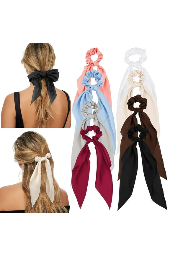 Bow Hair Scrunchies Detachable Silky Satin Hair Ties with Long Ribbon Bows Ponytail Holder Elastic Hair Ties Knotted Bow Silk Hair Accessories