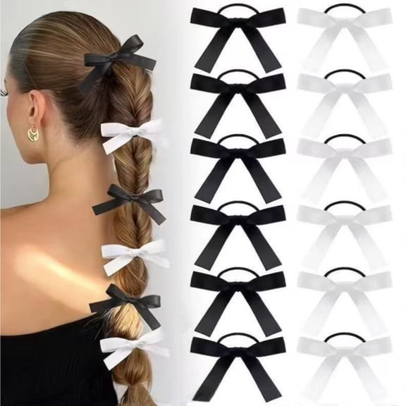 Bow Hair Ties Silky Satin for Women Black White for Ponytails, Bubble Braids 12 Pcs