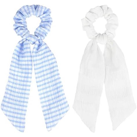 Bow Hair Ties for Women 2 count Blue White Hair Scarf Scrunchies Knotted Hair Ribbon Long Tail, Ponytail Holders Hair Scarf Accessories
