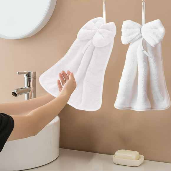Bow Hand Towels, Hanging Hand Dry Towels, Absorbent Soft Coral Fleece Thick Microfiber Cute Hand Towels for Kitchen Bathroom-White