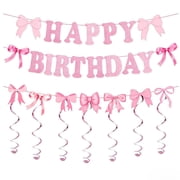 Bow Happy Birthday Banner Pink Bow Birthday Garland Decor for Women Girls Birthday Party Decoration Material Pack 1Set