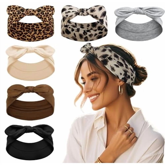 Bow Headbands for Women Non Slip Fall Colors: Trendy Head Bands for Women's Hair Cheetah Print - Wide Headwraps with Bows Vintage, Cute Leopard Hairbands Hair Accessories 6 Pack