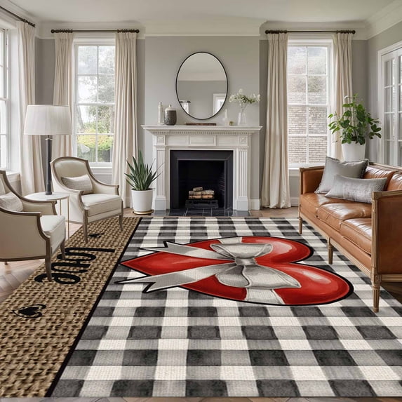 Bow on Heart Area Rugs 5'x7', Washable Small Throw Rugs for Laundry Room Playroom, Valentine's Day Love Black Gray Plaid Beige Indoor Outdoor Rug Non-Slip Low Pile Carpet Runner Reversible Floor Mats
