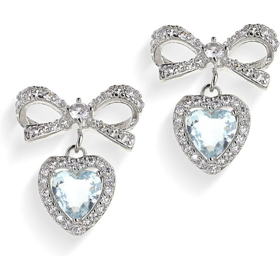 Bow Heart Dangle Drop Earrings for Women, Valentines Rhinestone Ribbon Crystal Birthstone Love Hearts Earing Dangling Holiday Prom Fashion Jewelry Gift.
