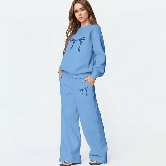 Bow Hoodie Set Bow Sweatpants Set Bow Sweatsuit Bow Matching Sweat Sets for Women Bow Outfits 2 Piece Outfits Spring Fall Clothes Bow Graphic Crewneck Sweatshirt And Pants Clothing Set, Blue S