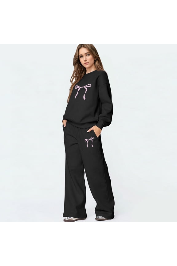 Bow Hoodie Set Bow Sweatpants Set Bow Sweatsuit Bow Matching Sweat Sets for Women Bow Outfits 2 Piece Outfits Spring Fall Clothes Bow Graphic Crewneck Sweatshirt And Pants Clothing Set, Black 2XL