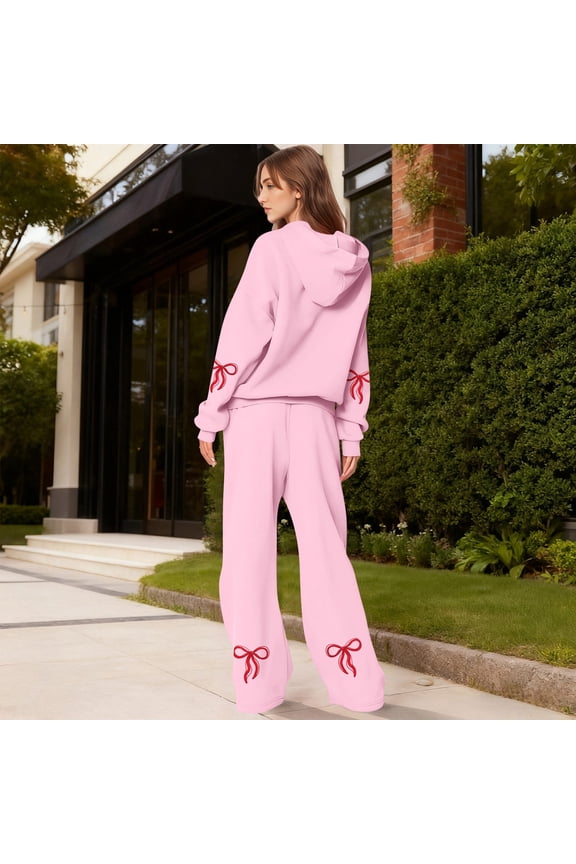 Bow Hoodie and Sweatpants Set for Women Bow Sweat Set for Women Womens Sweatsuits 2 Piece Set Comfort Bow Hoodie Wide Leg Sweatpants Set Athleisure Sweatset Cute Matching Sweat Sets, Pink-M