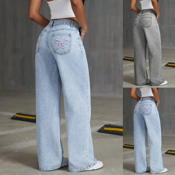 Bow Jeans for Girls Wide Leg Baggy Denim Pants Cute High Waisted Trousers Kids Casual Y2k Streetwear with Pockets 6-14Y Cute Baggy Jeans For Girls 10-12 Ripped